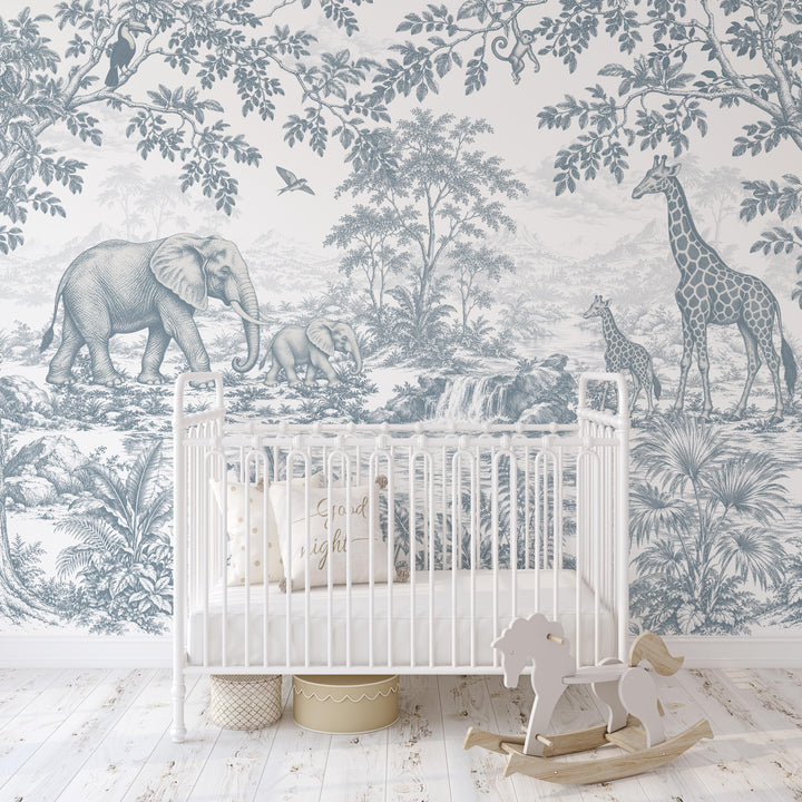 Vintage Toile Safari Wallpaper Mural in Antique Blue
