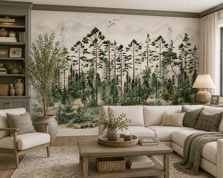 Mural de bosque de pinos brumosos