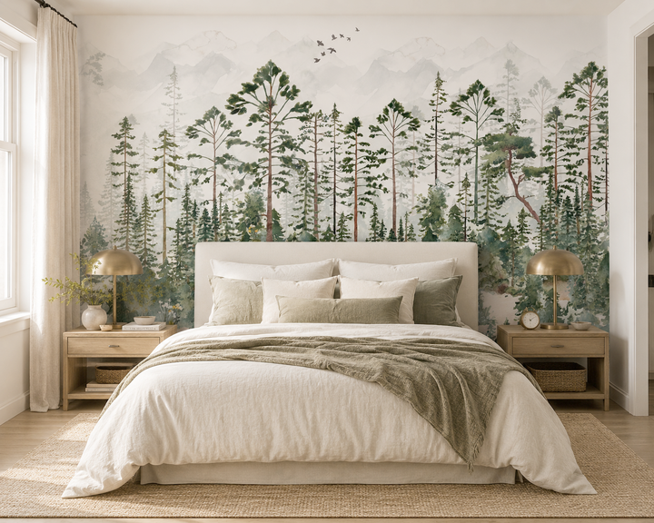 Mural de bosque de pinos brumosos