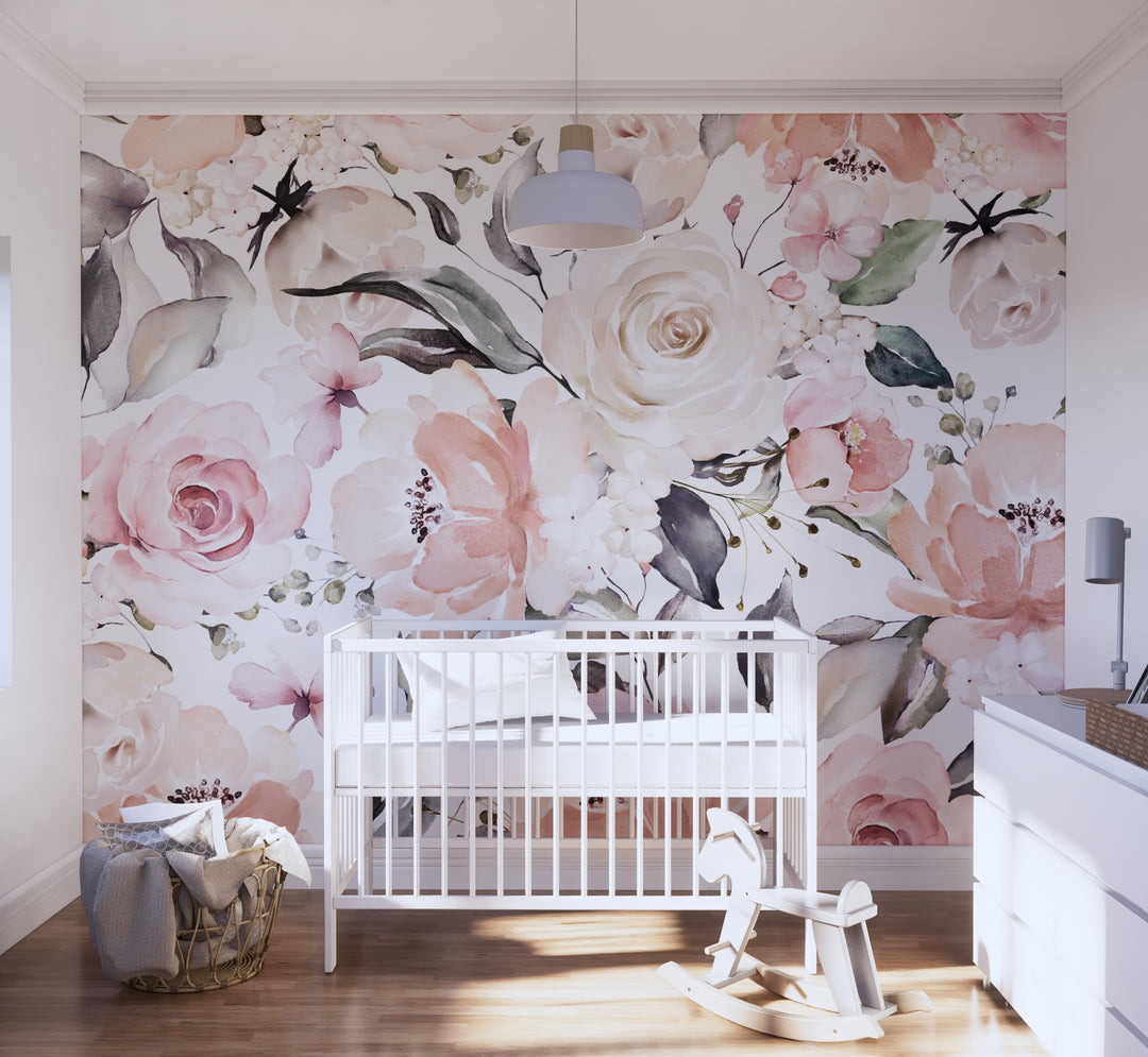 Bouquet in Blush Wallpaper Mural | Large Scale Floral Bouquet Girl Nursery Wallpaper