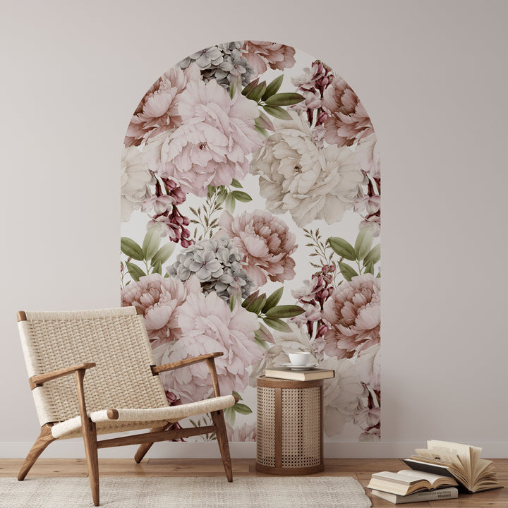 Vinilo decorativo para pared con arco floral, ramo de peonías en el bosque
