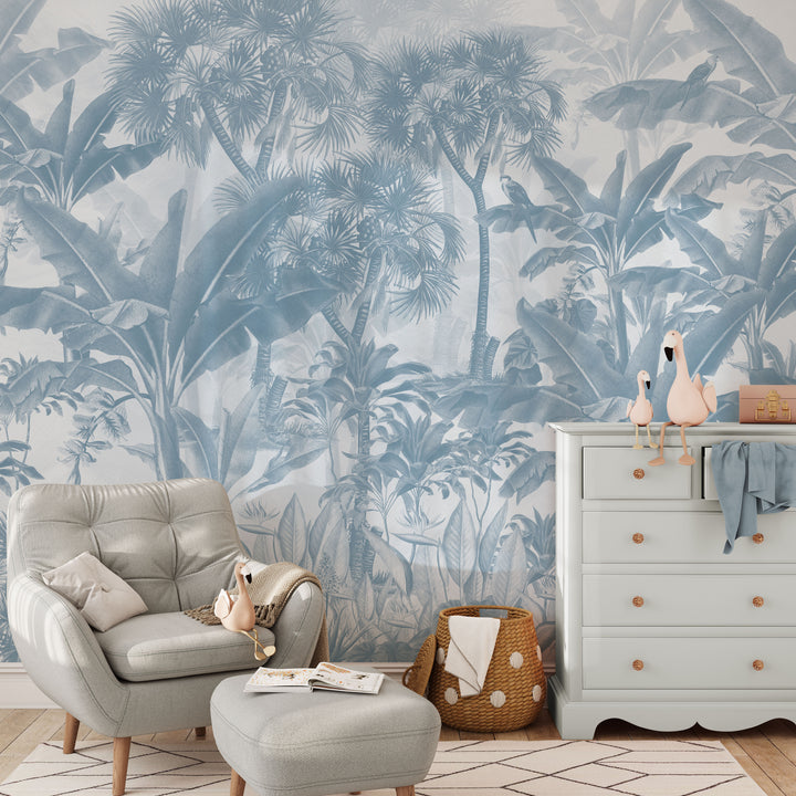 Tropical Jungle Mural in Blue