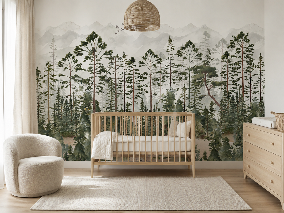 Mural de bosque de pinos brumosos