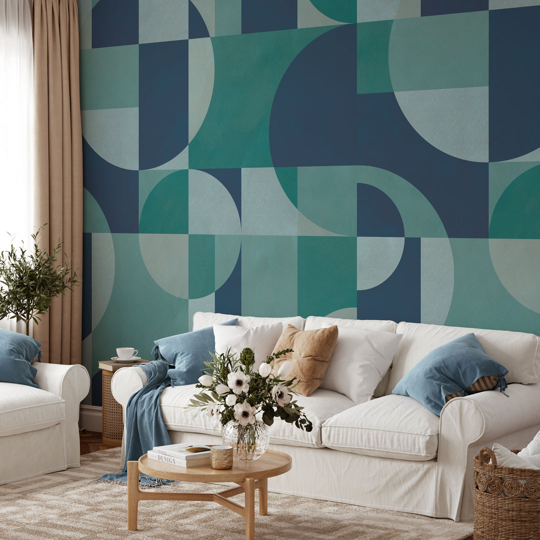 Modern Abstract Shapes in Deep Blue Mural