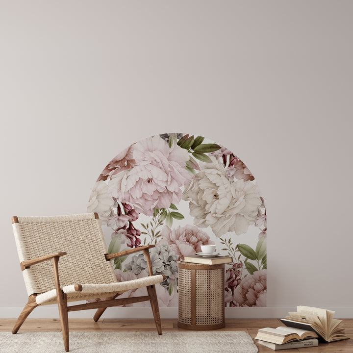 Vinilo decorativo para pared con arco floral, ramo de peonías en el bosque