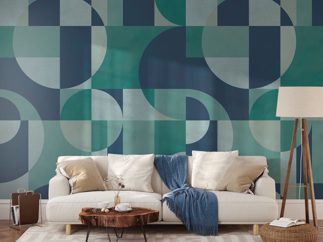 Modern Abstract Shapes in Deep Blue Mural