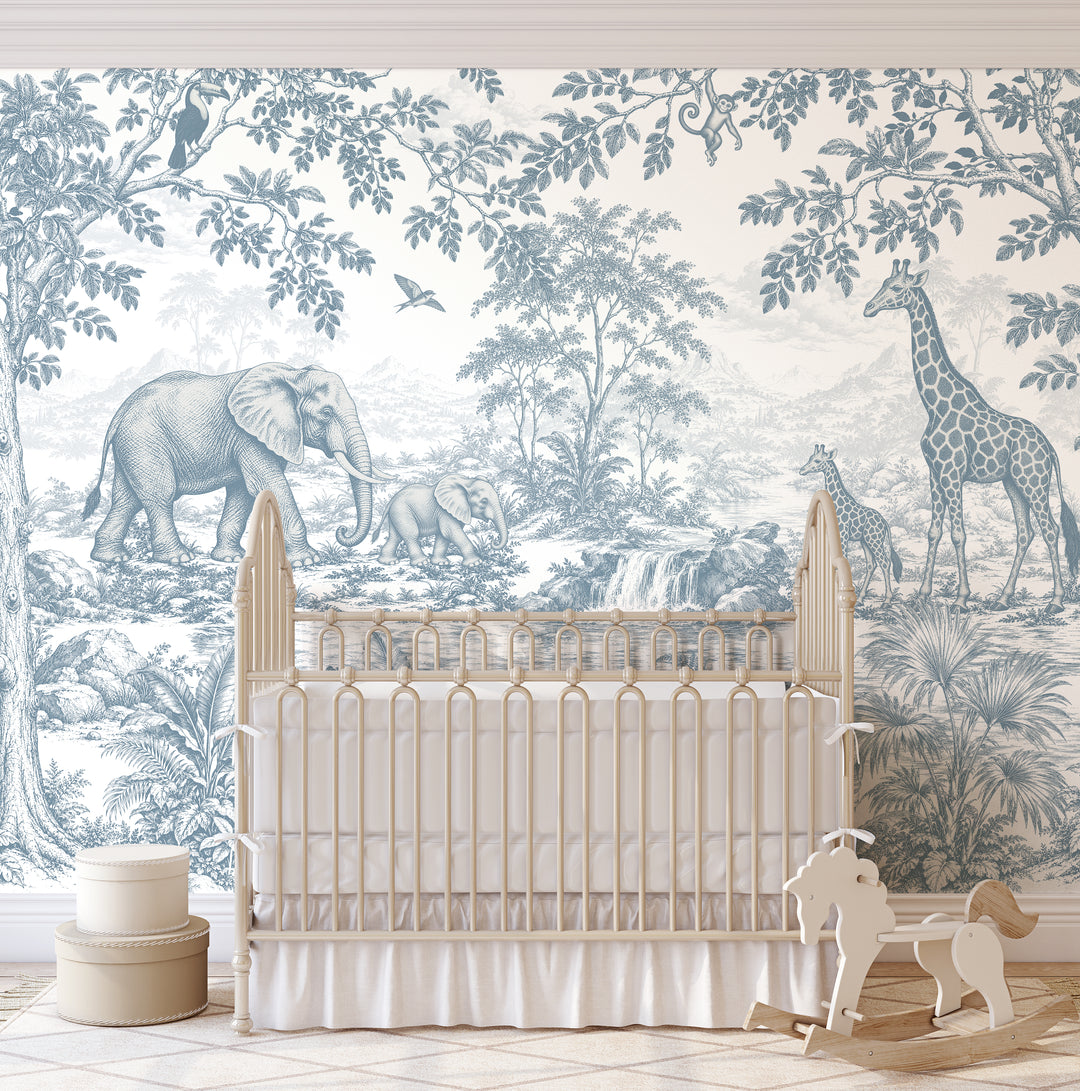 Vintage Toile Safari Wallpaper Mural in Antique Blue