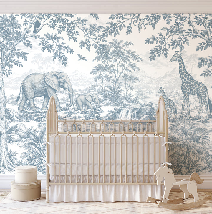 Vintage Toile Safari Wallpaper Mural in Antique Blue