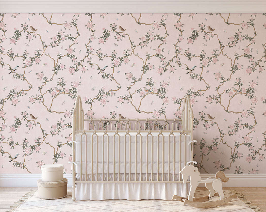 L’Atelier Botanique Chinoiserie Revival Wallpaper Mural in Pink Blush