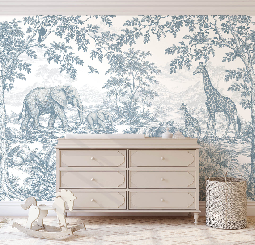 Vintage Toile Safari Wallpaper Mural in Antique Blue