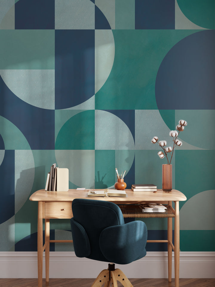 Modern Abstract Shapes in Deep Blue Mural