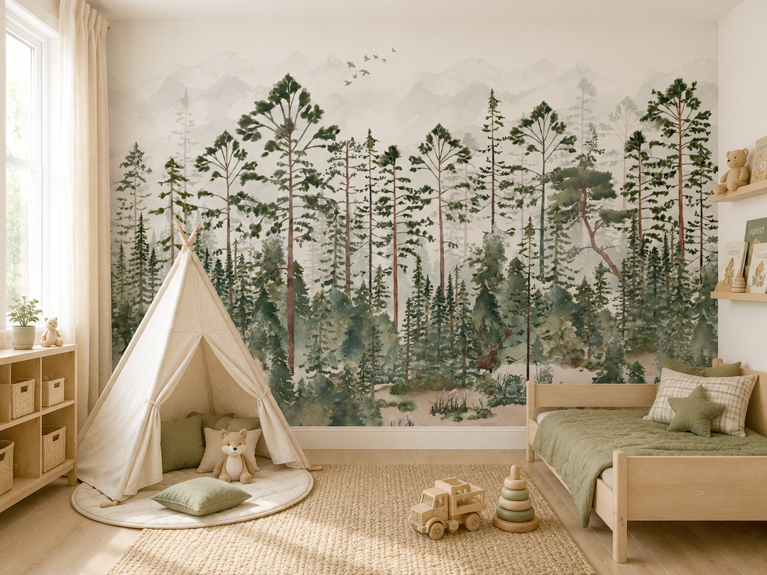 Mural de bosque de pinos brumosos