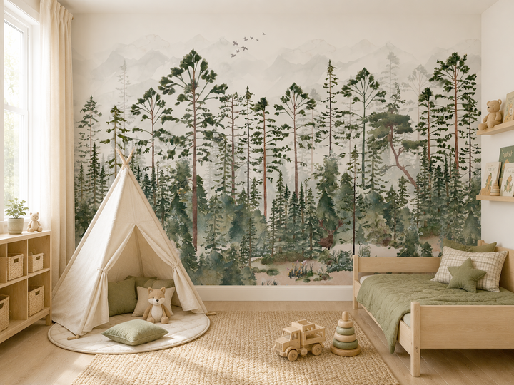 Mural de bosque de pinos brumosos
