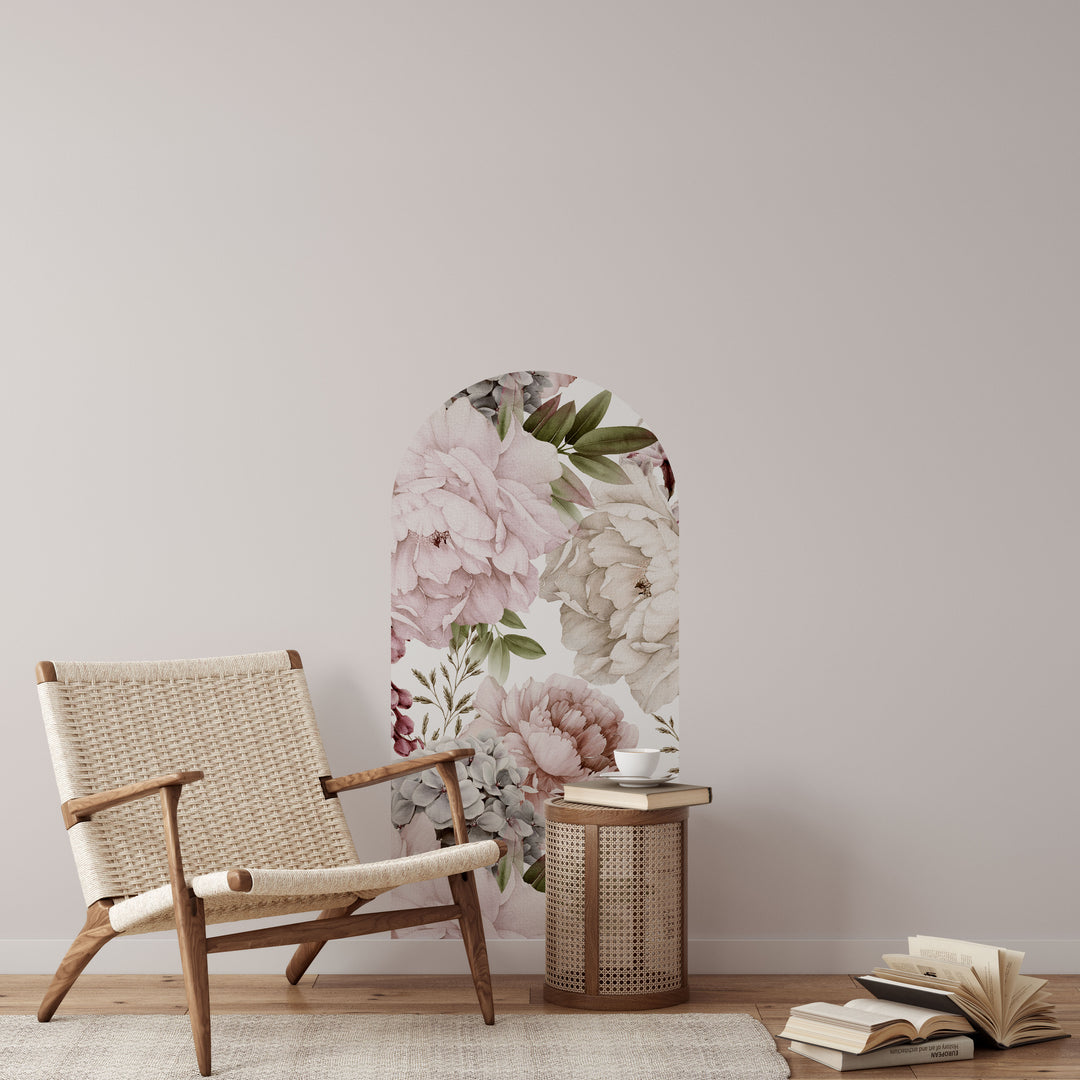 Vinilo decorativo para pared con arco floral, ramo de peonías en el bosque