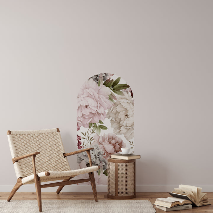 Vinilo decorativo para pared con arco floral, ramo de peonías en el bosque
