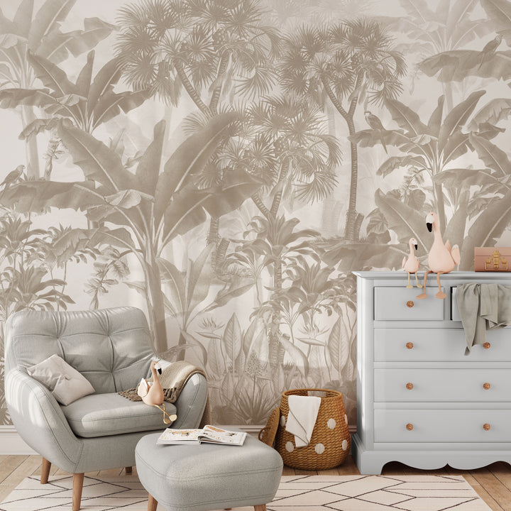 Tropical Jungle Mural in Neutral