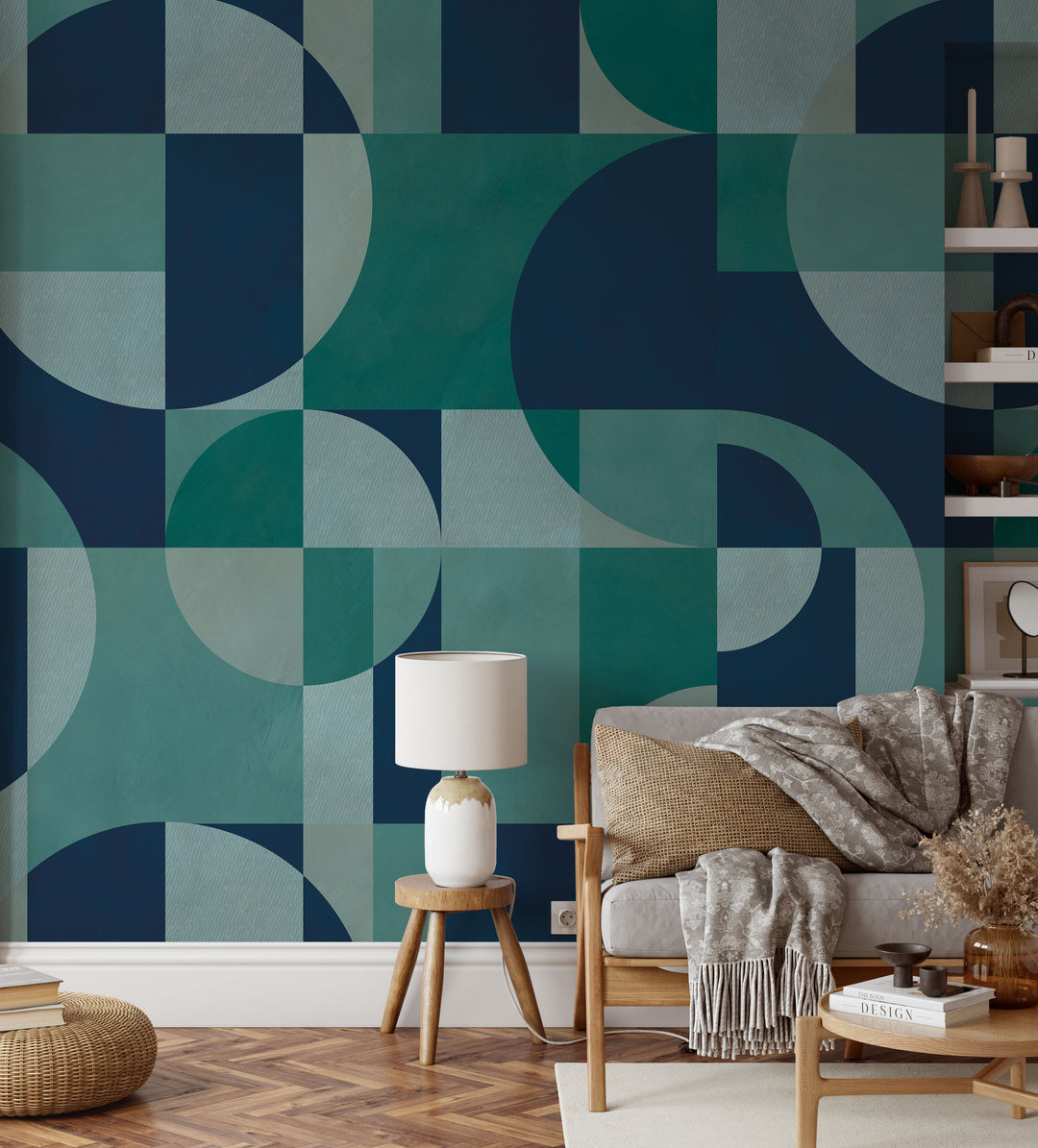 Modern Abstract Shapes in Deep Blue Mural