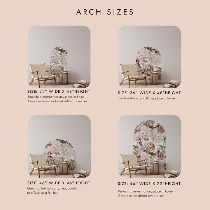 Vinilo decorativo para pared con arco floral, ramo de peonías en el bosque