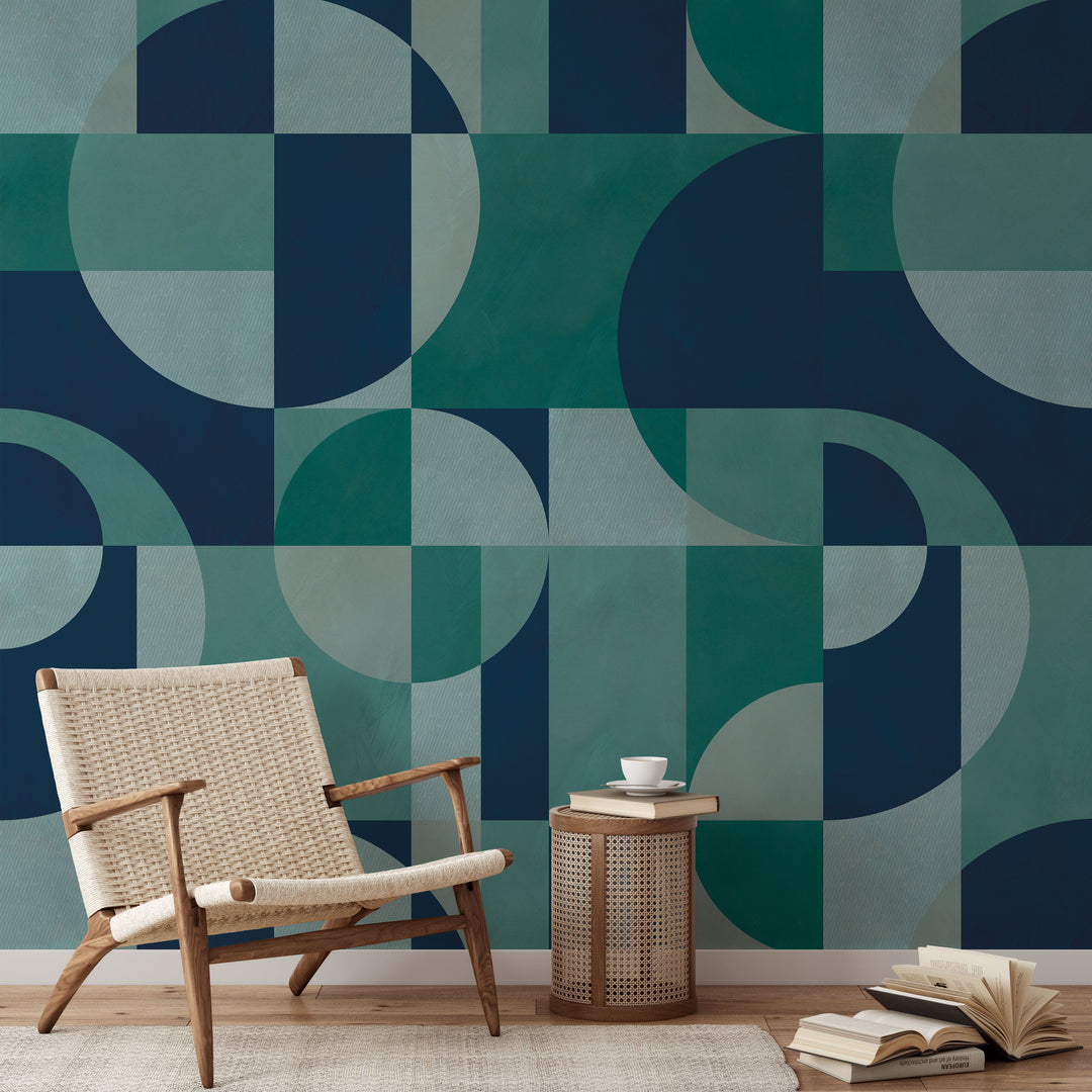 Modern Abstract Shapes in Deep Blue Mural