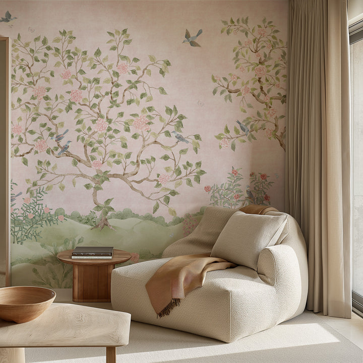 Mural Le Tariche Chinoiserie en neutro y rosa