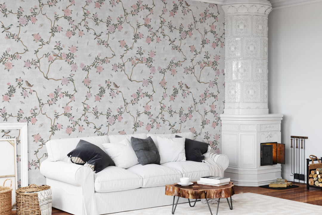 L’Atelier Botanique Chinoiserie Revival Wallpaper Mural in Gray Fog
