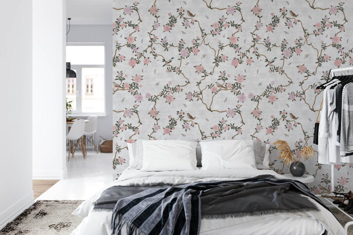 L’Atelier Botanique Chinoiserie Revival Wallpaper Mural in Gray Fog