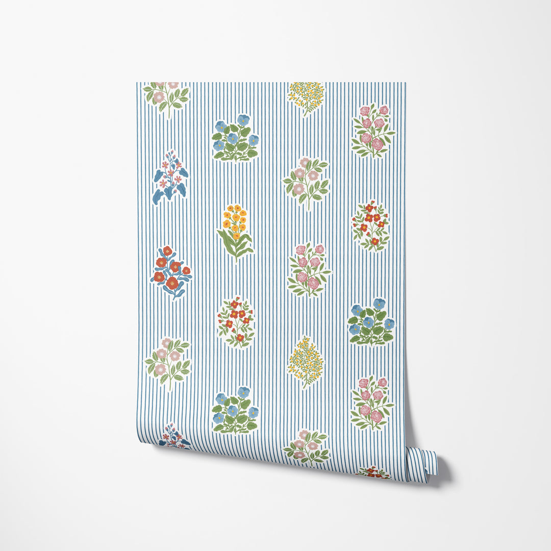 Cottagecore Floral Striped Wallpaper - Blue