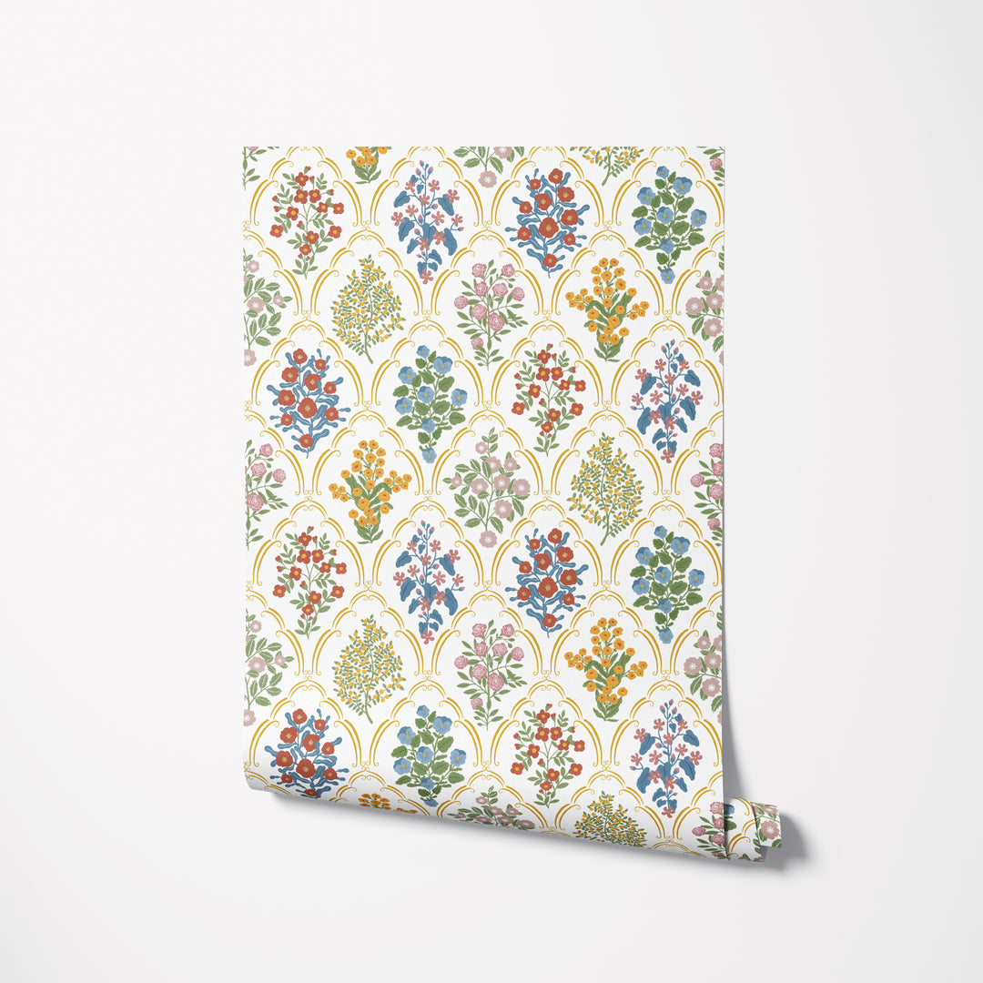 Cottage Arched Scalloped Botanical Wallpaper