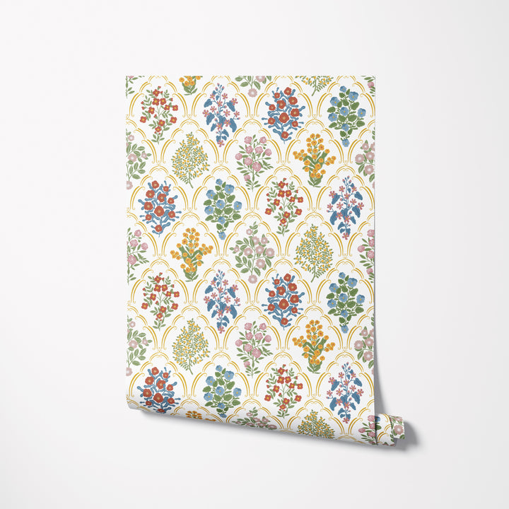 Cottage Arched Scalloped Botanical Wallpaper