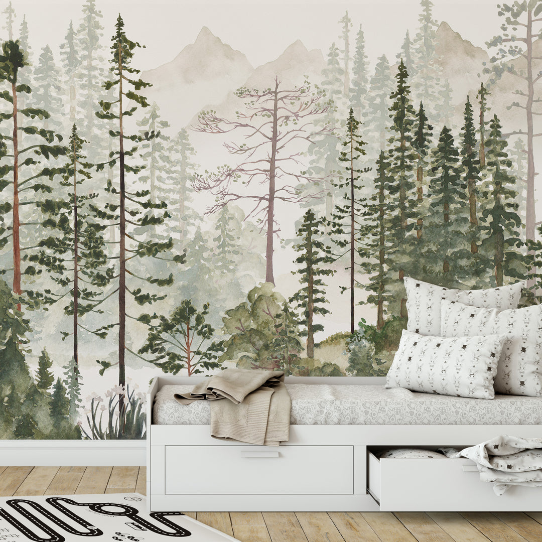Foggy Pine Tree Forest Mural