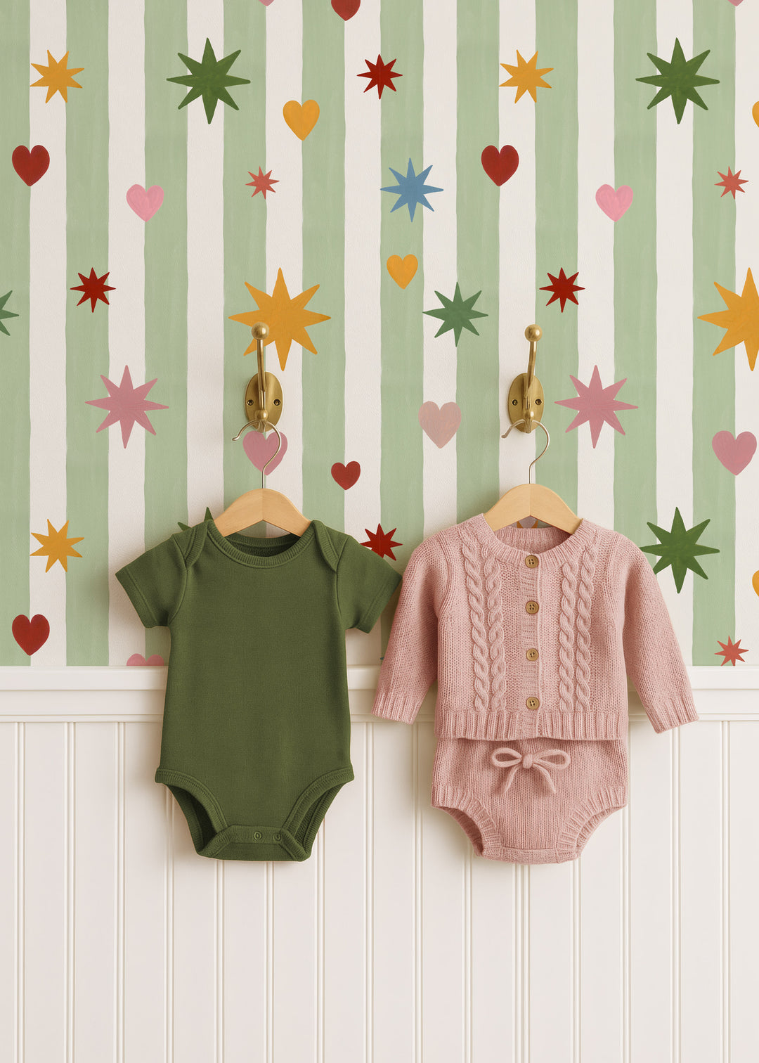 Green Stripes Hearts Stars Wallpaper