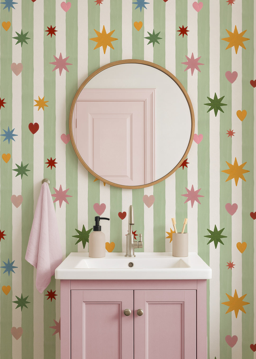Green Stripes Hearts Stars Wallpaper