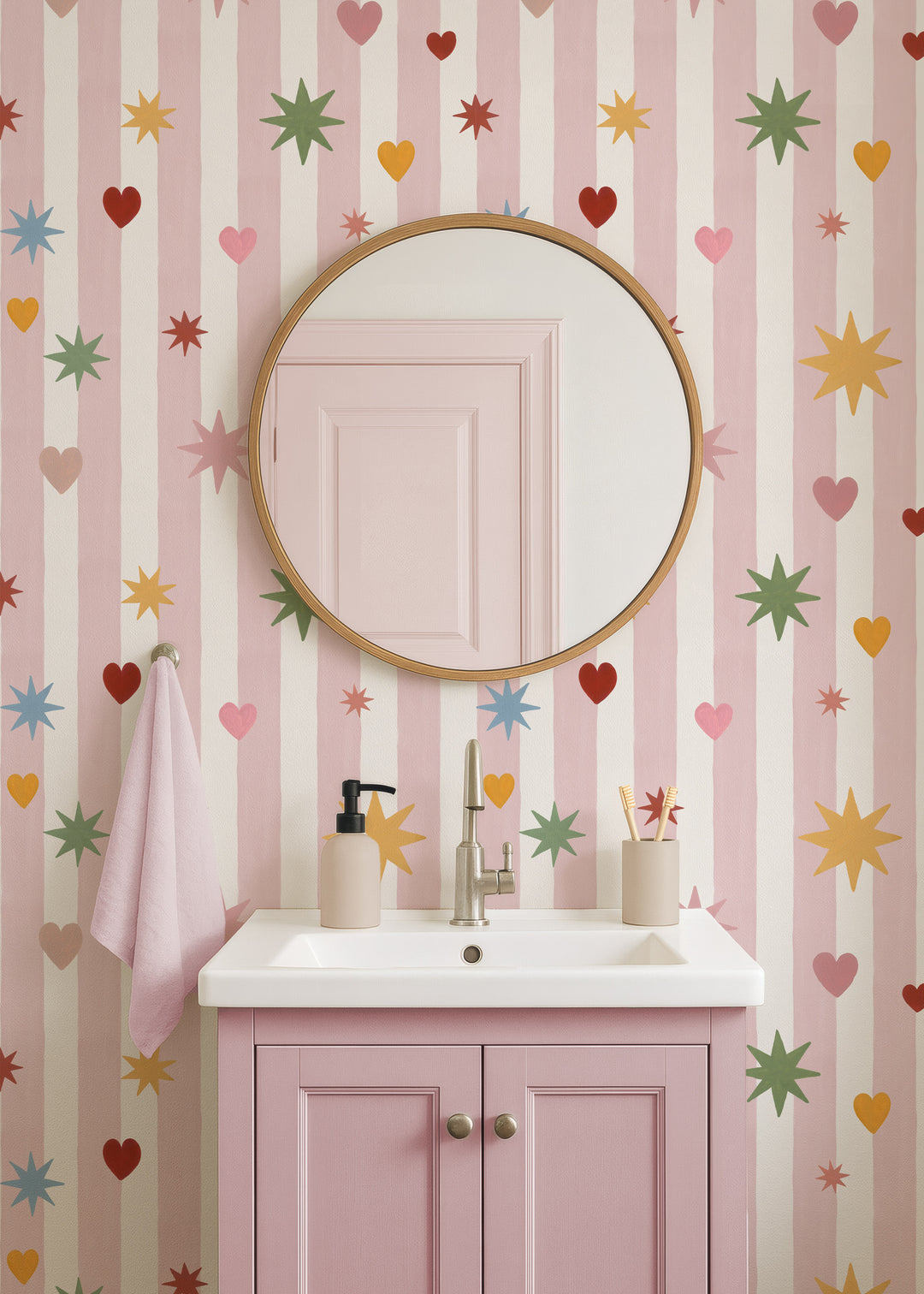 Pink Stripes Hearts Stars Wallpaper
