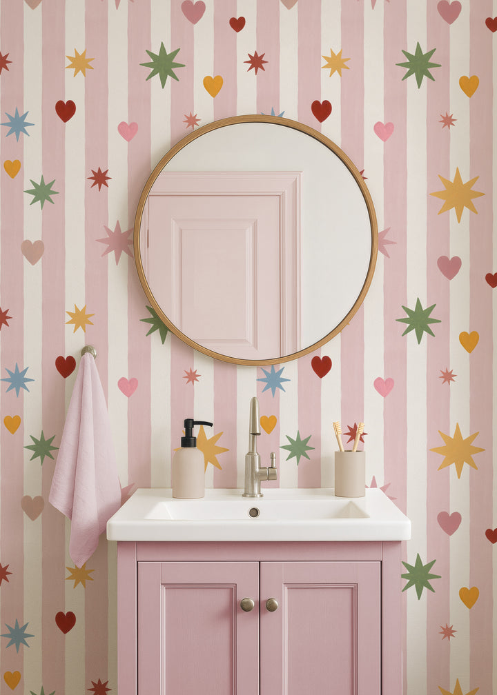 Pink Stripes Hearts Stars Wallpaper