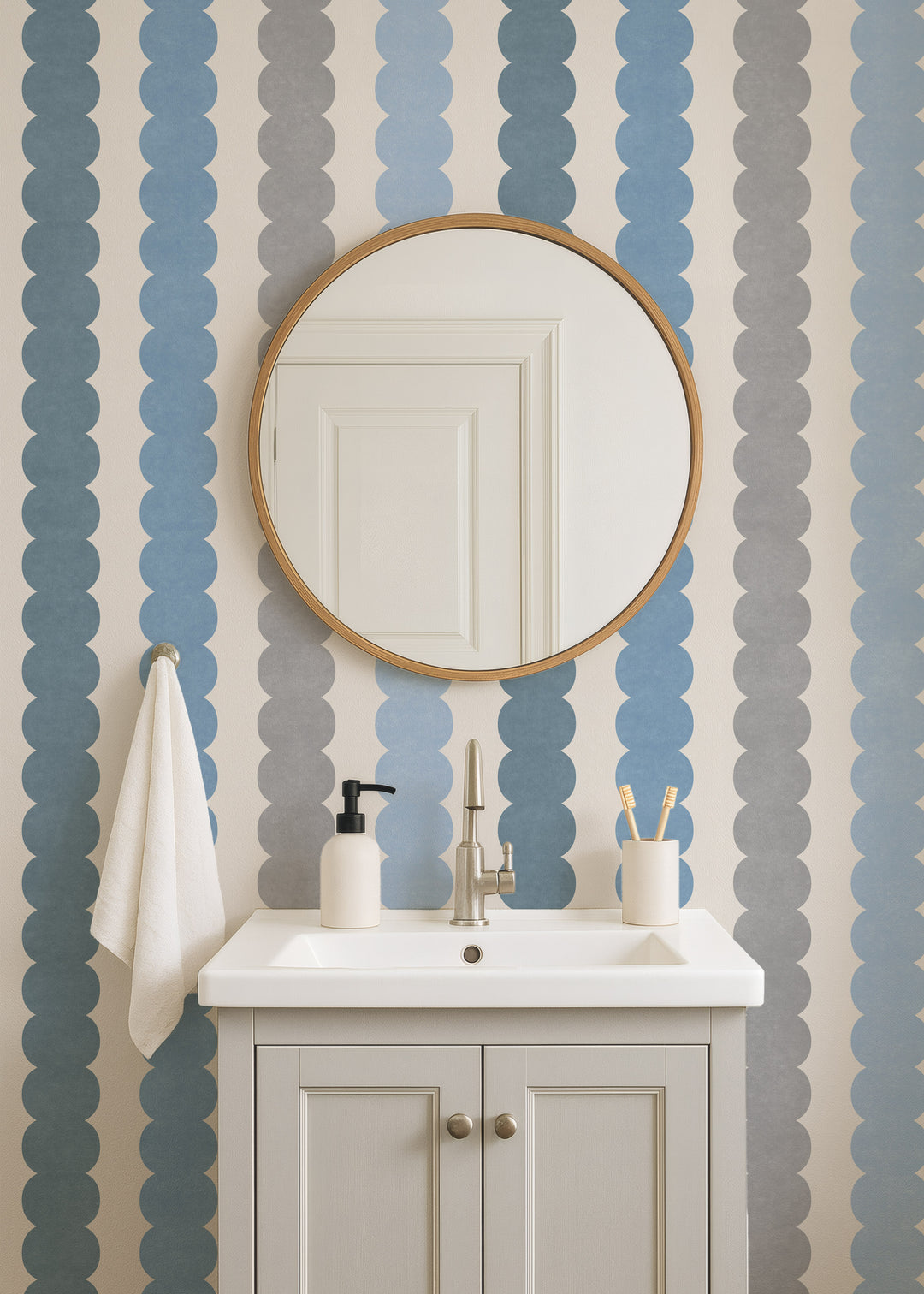 Minimal Pebble Column 4 Stripe Wallpaper – Blue, Gray and Off White