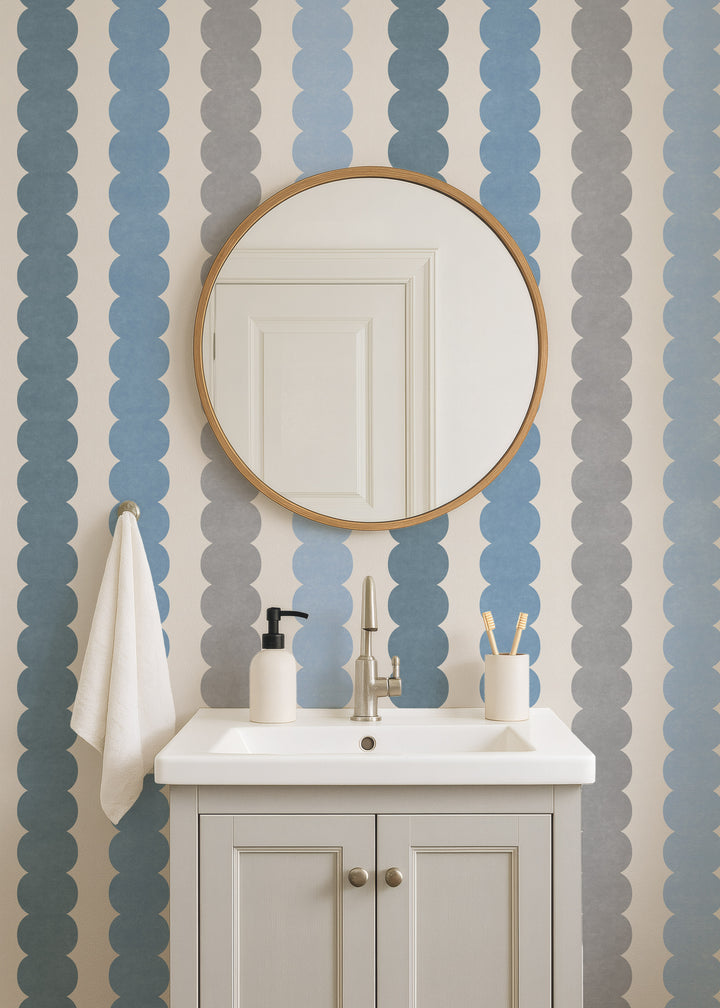 Minimal Pebble Column 4 Stripe Wallpaper – Blue, Gray and Off White