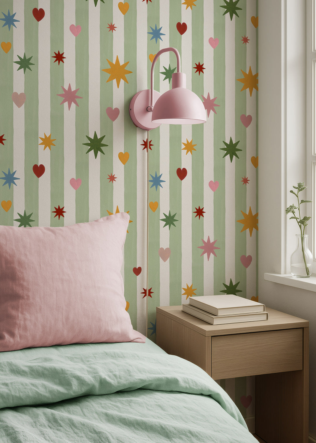 Green Stripes Hearts Stars Wallpaper