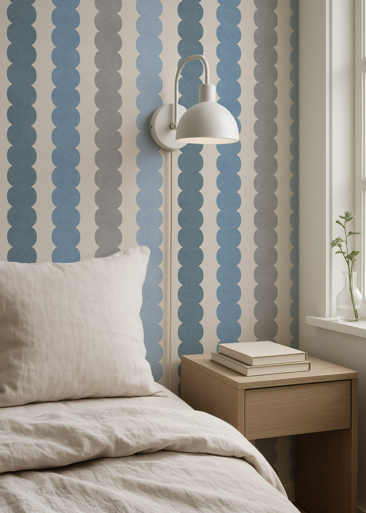 Minimal Pebble Column 4 Stripe Wallpaper – Blue, Gray and Off White