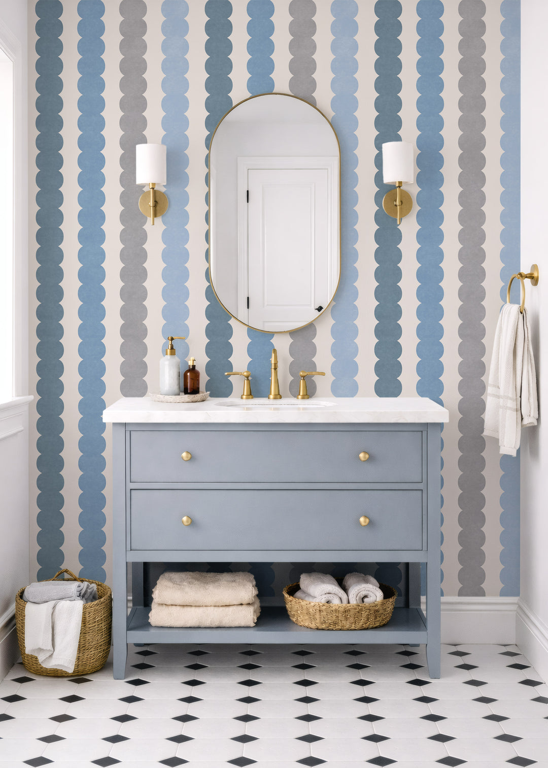 Minimal Pebble Column 4 Stripe Wallpaper – Blue, Gray and Off White