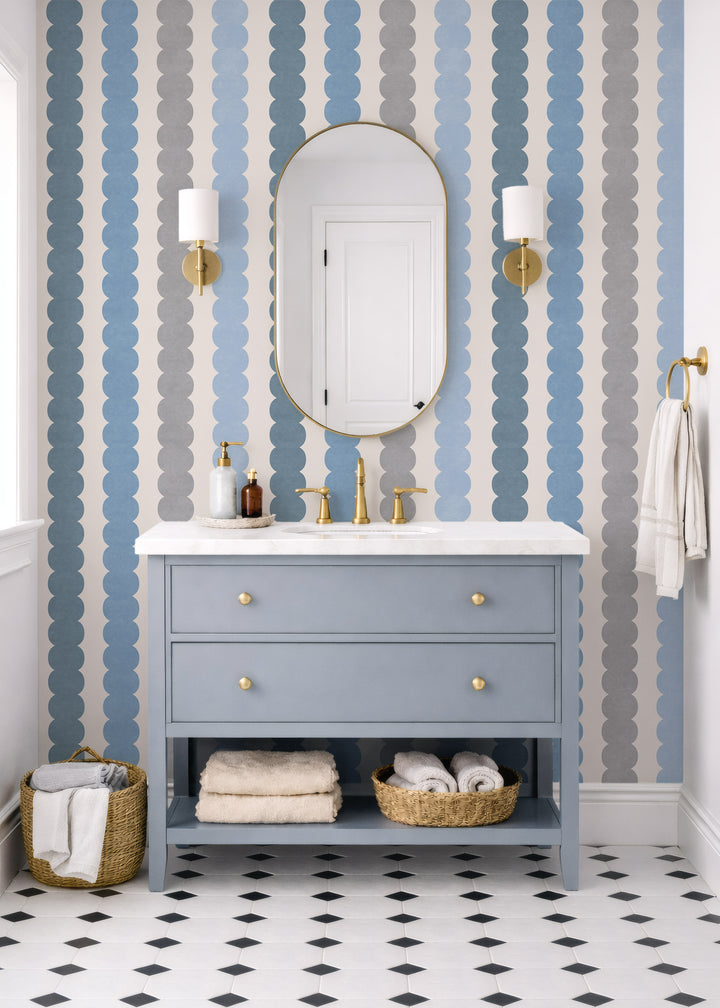 Minimal Pebble Column 4 Stripe Wallpaper – Blue, Gray and Off White