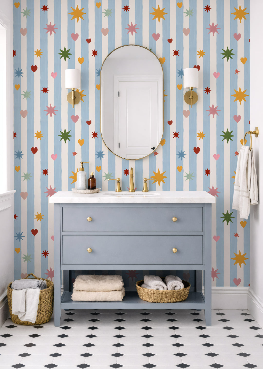 Blue Stripes Hearts Stars Wallpaper