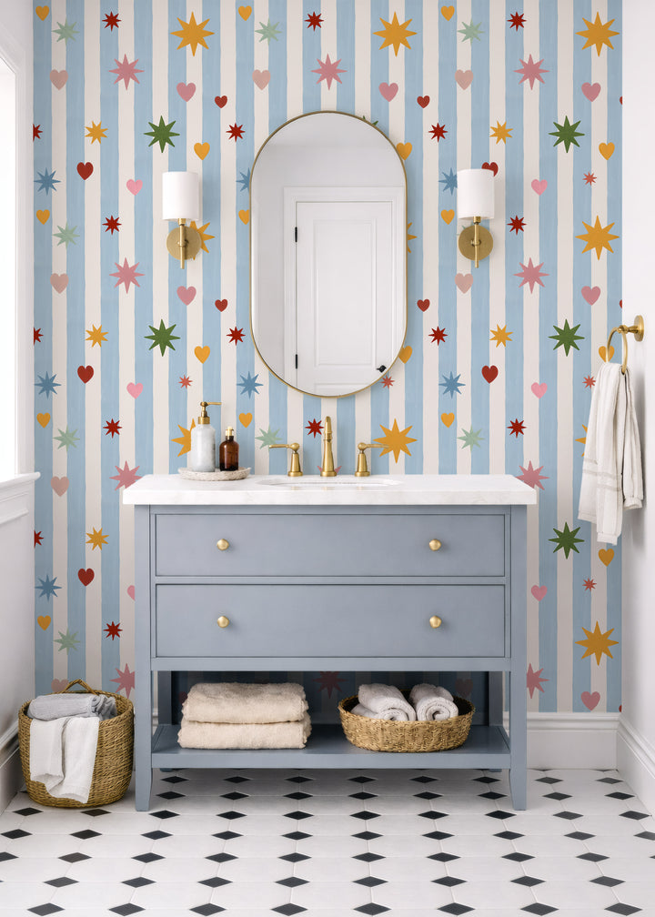 Blue Stripes Hearts Stars Wallpaper