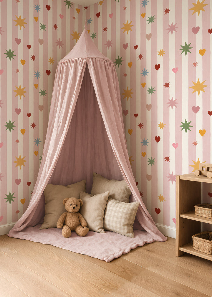 Pink Stripes Hearts Stars Wallpaper