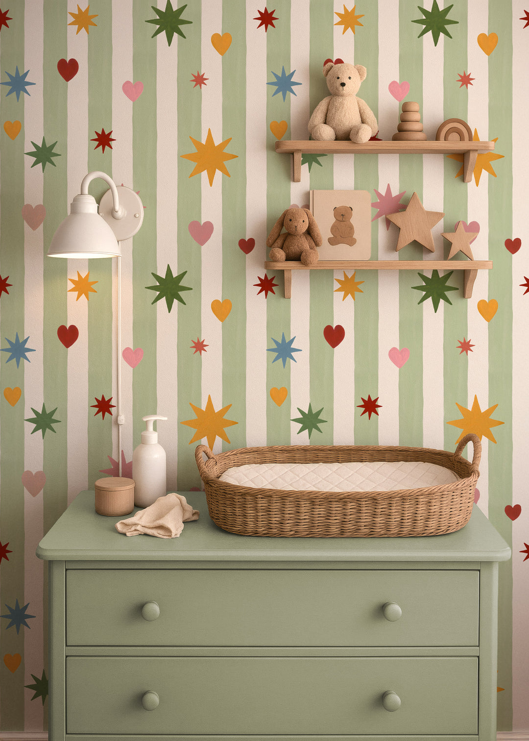 Green Stripes Hearts Stars Wallpaper