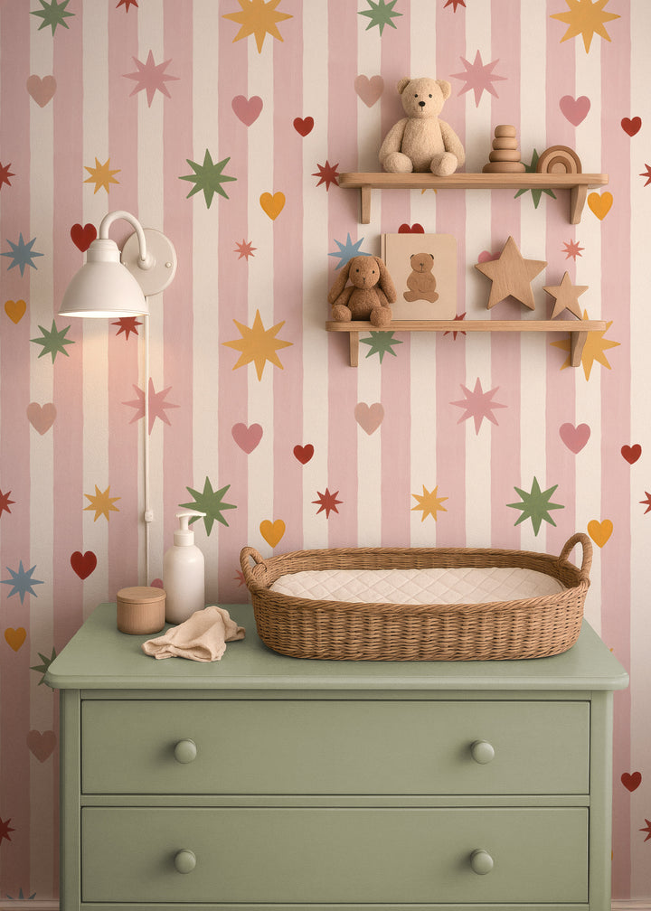 Pink Stripes Hearts Stars Wallpaper