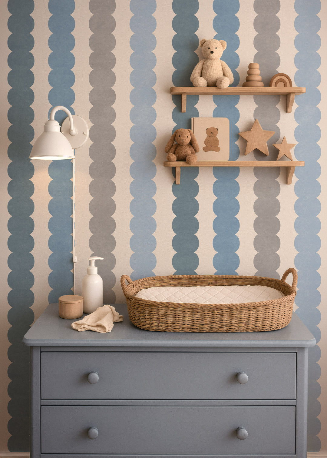 Minimal Pebble Column 4 Stripe Wallpaper – Blue, Gray and Off White