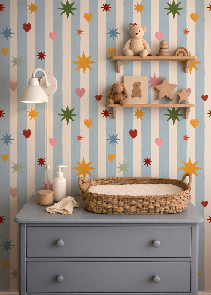 Blue Stripes Hearts Stars Wallpaper