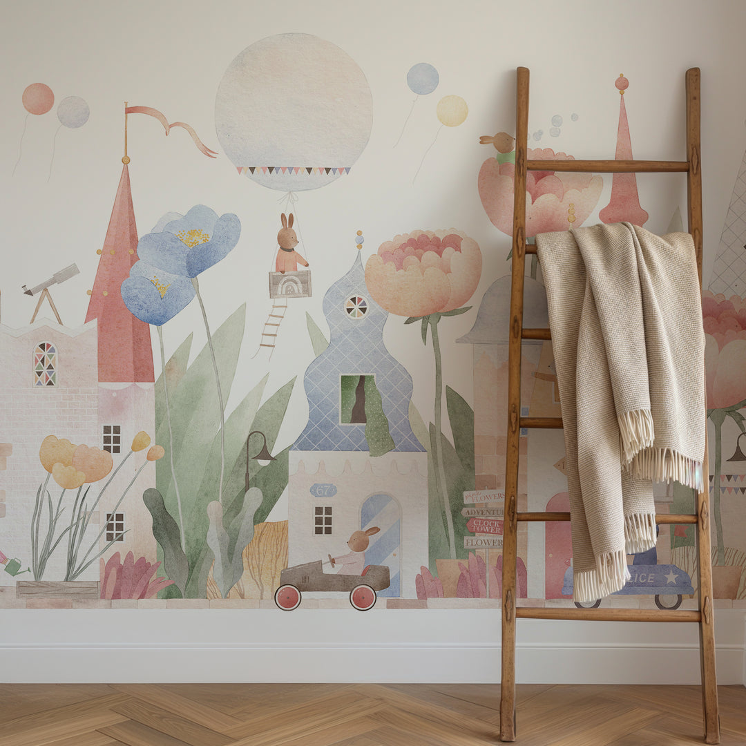 Fantasy Animal Town with Flowers Mural Wallpaper