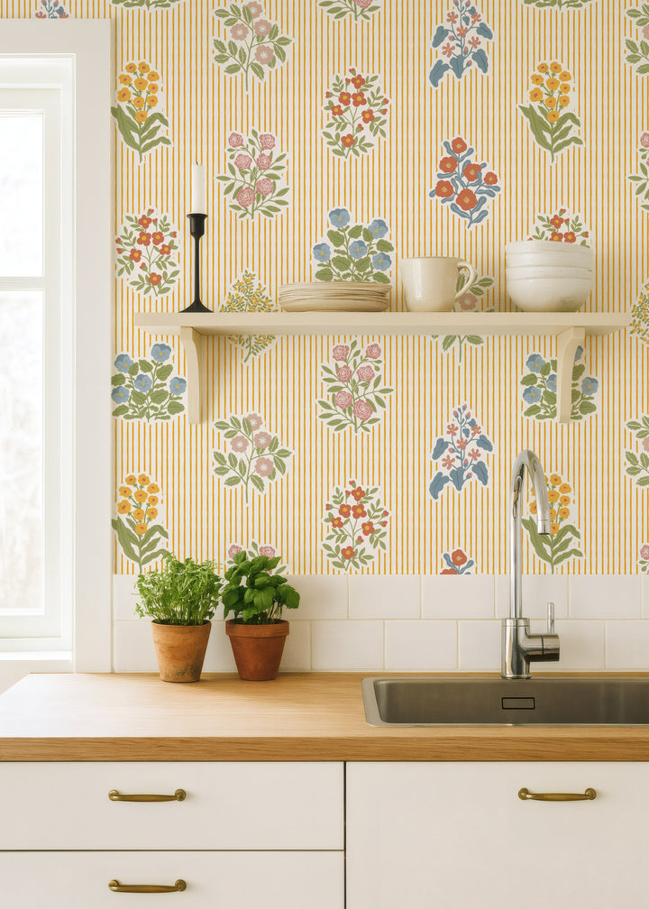 Cottagecore Floral Striped Wallpaper - Yellow