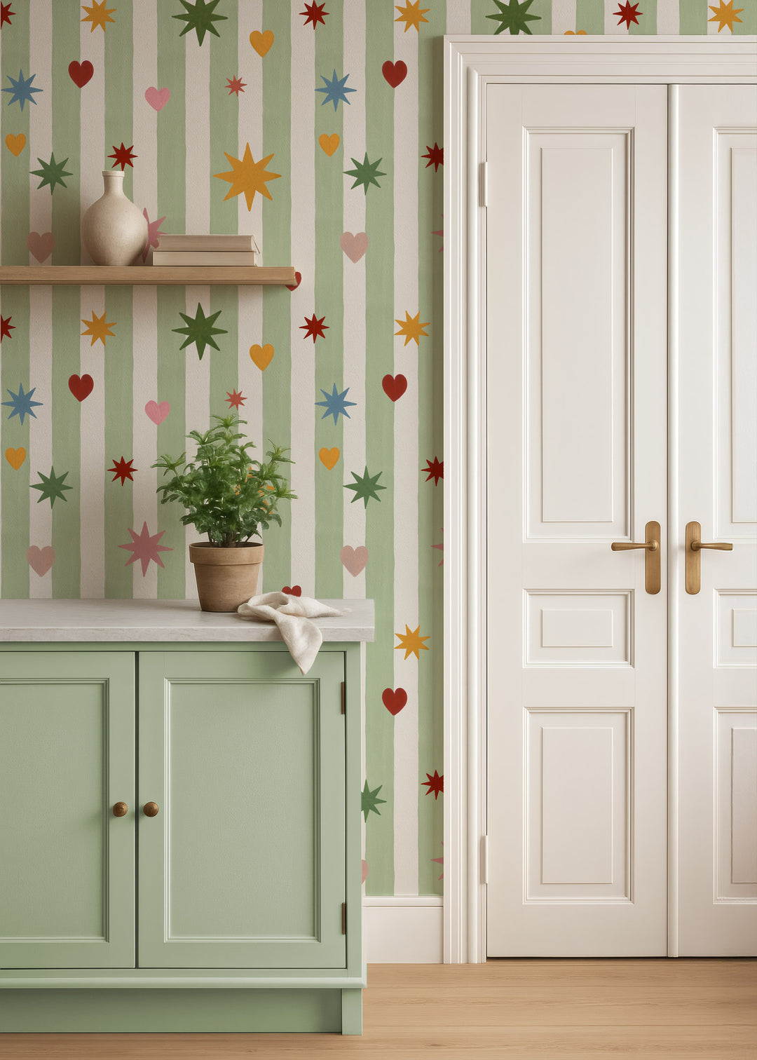 Green Stripes Hearts Stars Wallpaper